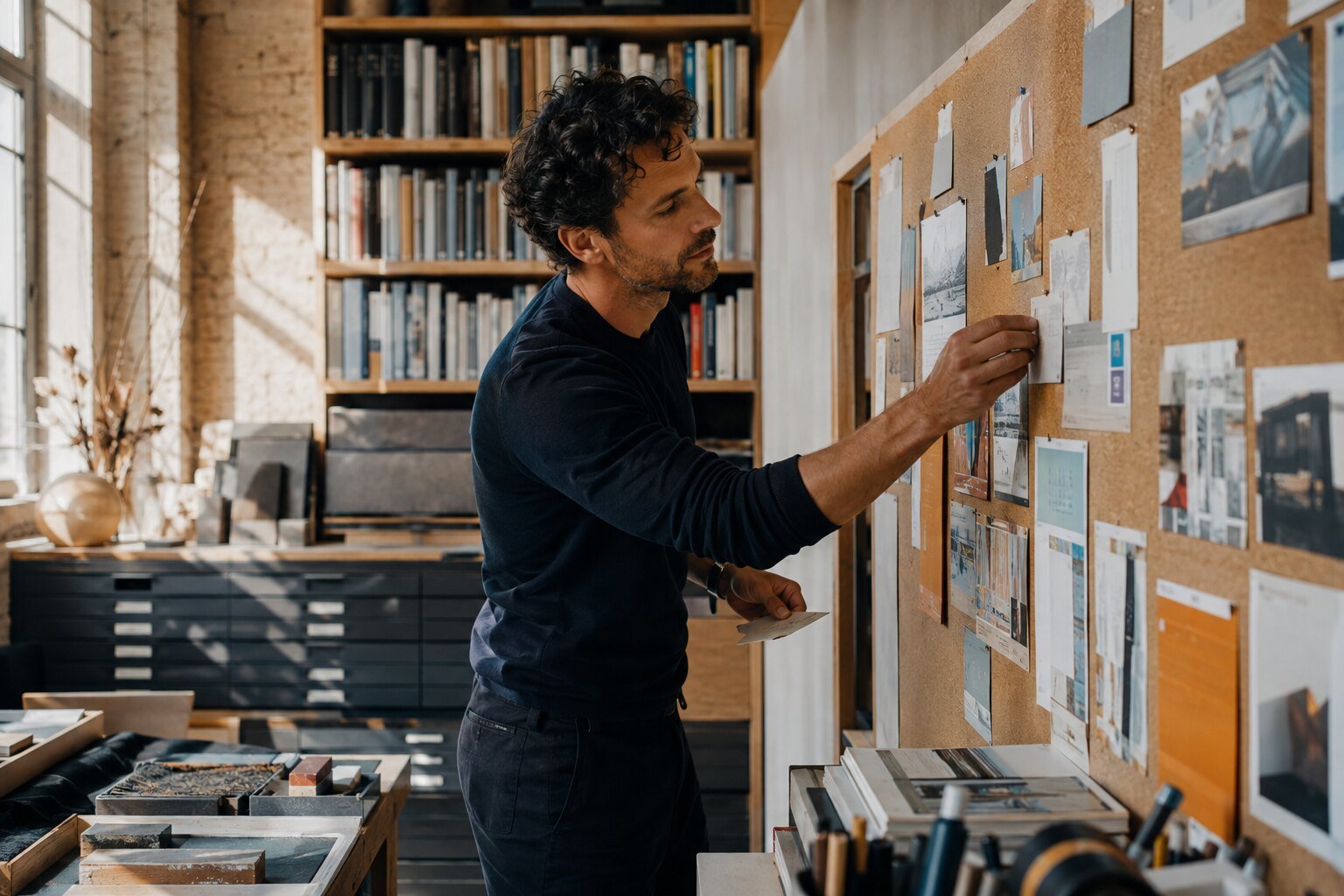 Marketing strategist organizing audience research in a studio
