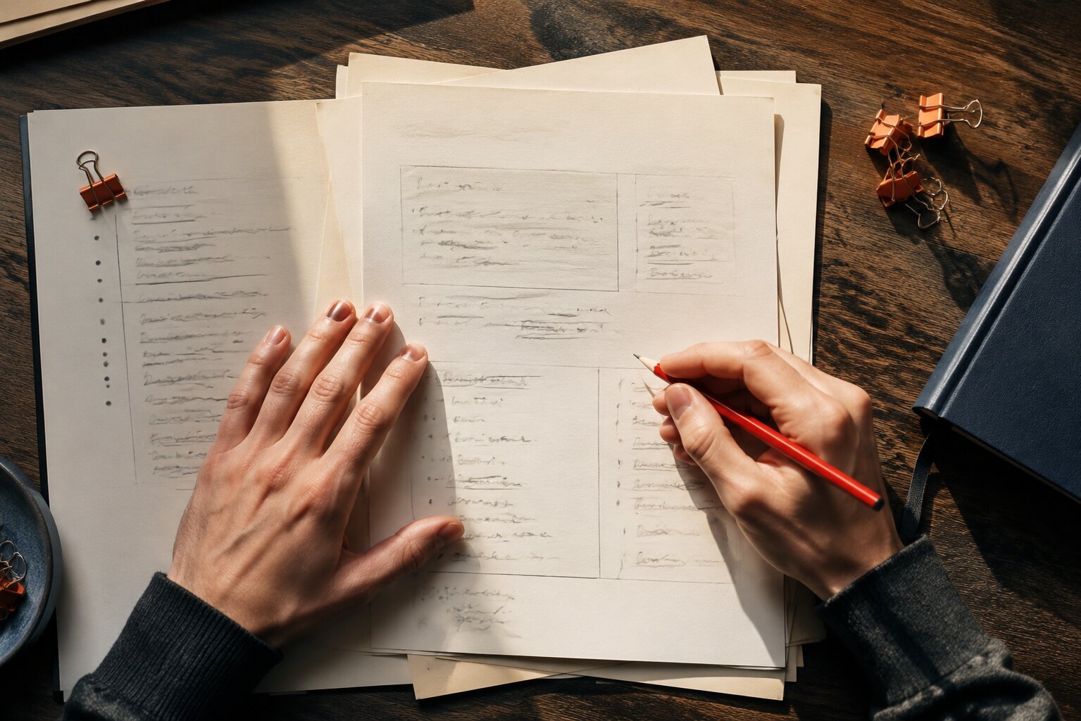 Hands editing a structured marketing brief with a pencil