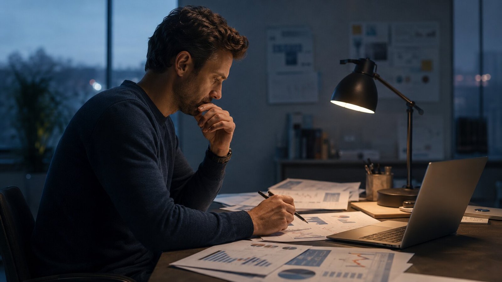 Marketing analyst reviewing printed campaign results in a quiet office