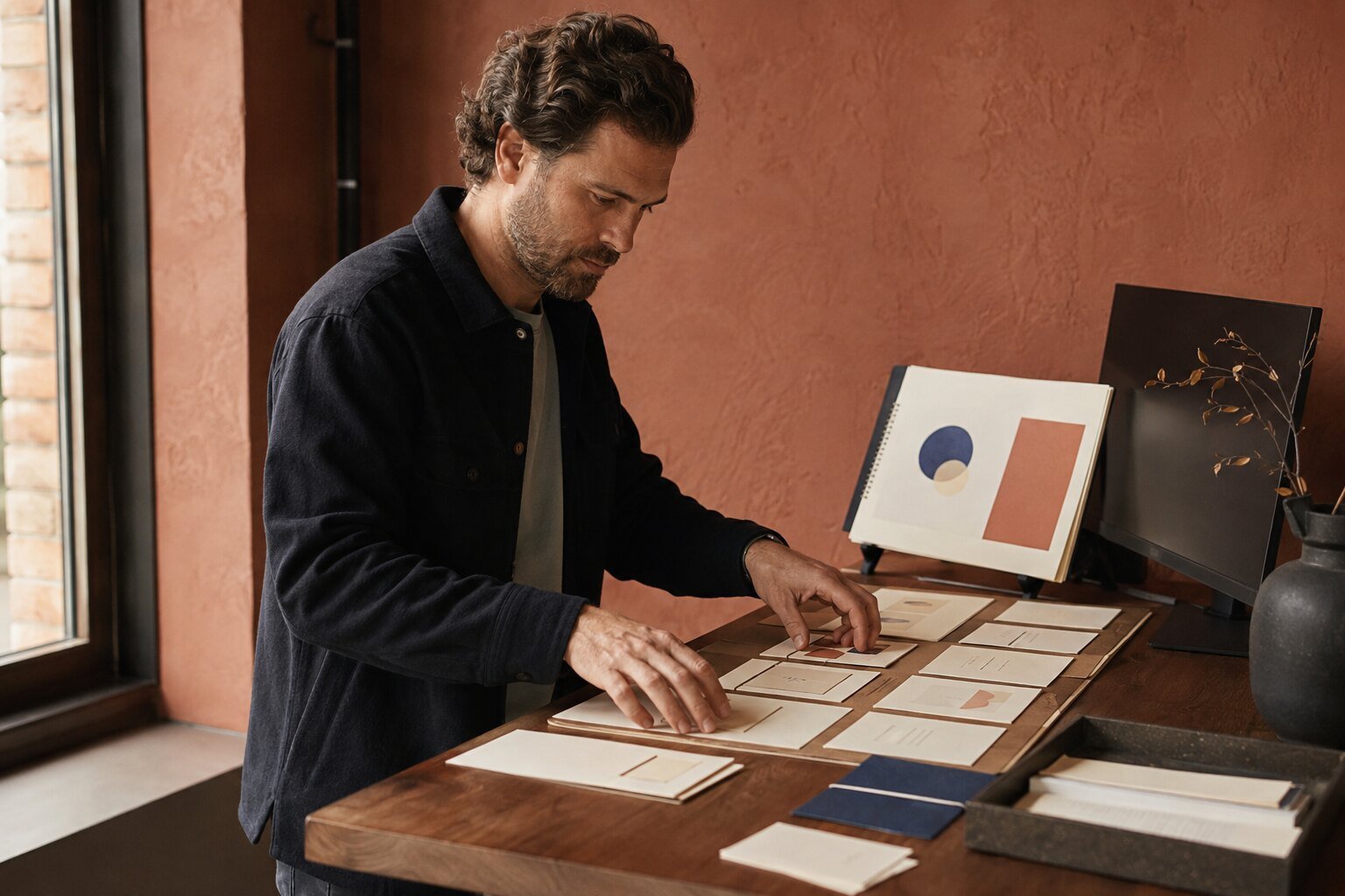 Strategist arranging offer presentation cards at a studio desk